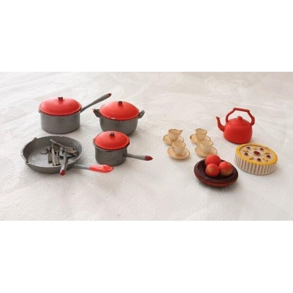 Vintage 60s Lundby Kitchen Accessories Pots Pans Teapot Food Dollhouse